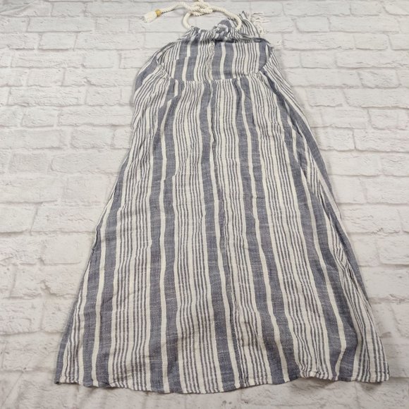 Aerie Womens Dress Rope Halter Backless Midi White Blue Stripe Fringe Sz XXS - Picture 2 of 6